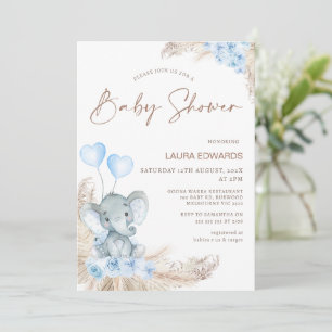 Blue Boho Floral Boys Elephant Baby Dusche Einladung