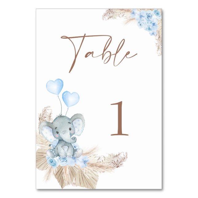 Blue Boho Floral Elephant Baby Dusche Tischnummer (Vorderseite)