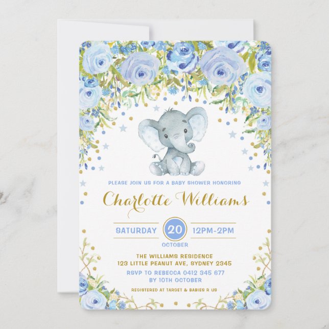Blue Boho Floral Elephant Invite Boy Baby Dusche Einladung (Vorderseite)