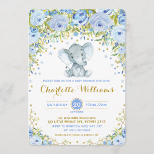 Blue Boho Floral Elephant Invite Boy Baby Dusche Einladung