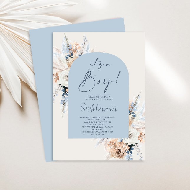 Blue Boho Floral Pampas Grass Baby Shower Boy Einladung (Von Creator hochgeladen)