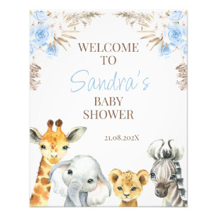 Blue Boho Floral Safari Baby Dusche Begrüßungszeic Fotodruck