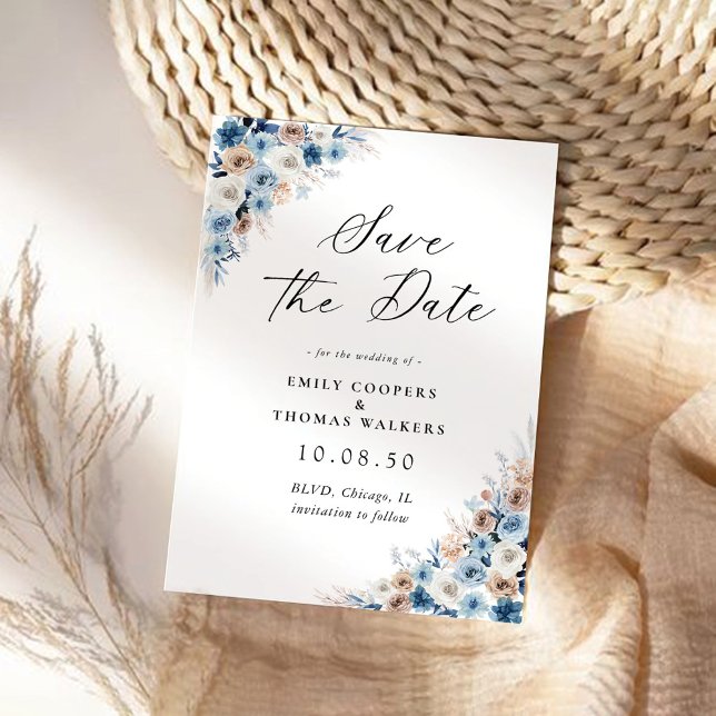 Blue Boho Floral Save the Date Card (Von Creator hochgeladen)