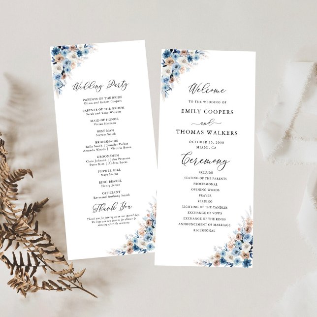 Blue Boho Floral Wedding Program Programm (Von Creator hochgeladen)