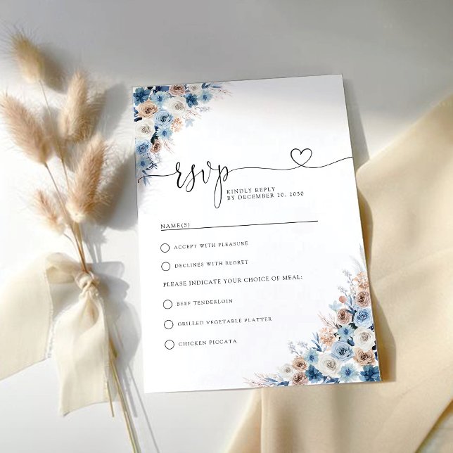 Blue Boho Floral Wedding RSVP Card Karte (Von Creator hochgeladen)
