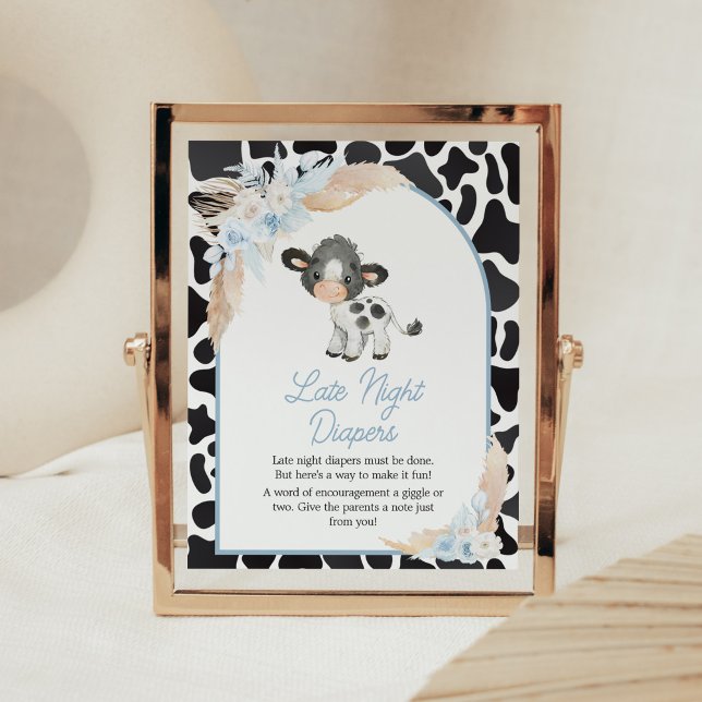 Blue Boho Highland Cow Baby Spate Night Diapers Poster (Bohemian Floral Farm Baby Shower Late Night Diapers Sign)
