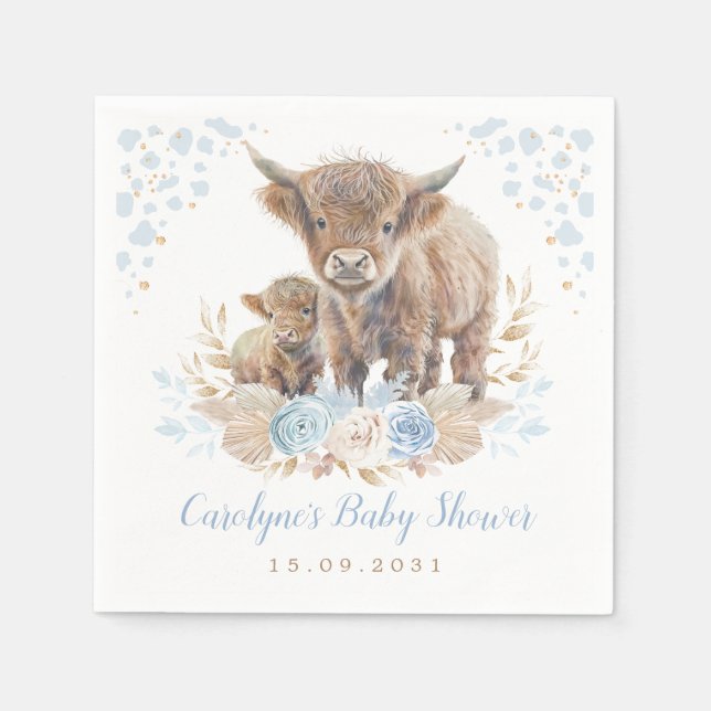 Blue Boho Highland Cow Boy Baby Dusche Serviette (Vorderseite)