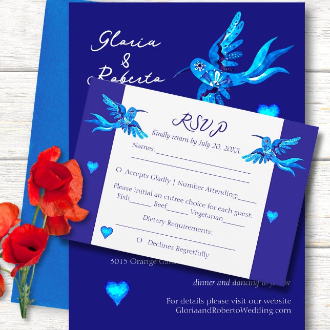 Blue Boho Hummingbirds Mexican Wedding RSVP Card Dankeskarte (Von Creator hochgeladen)