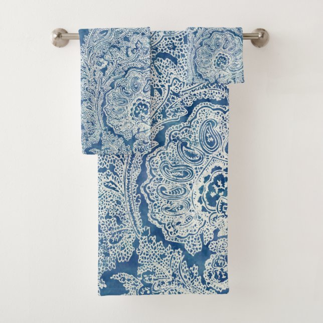 Blue Boho Lace Paisley Pattern Badhandtuch Set (Insitu)