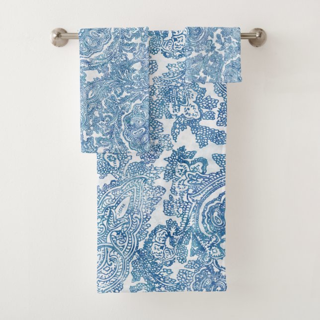 Blue Boho Lace Paisley Pattern Badhandtuch Set (Insitu)