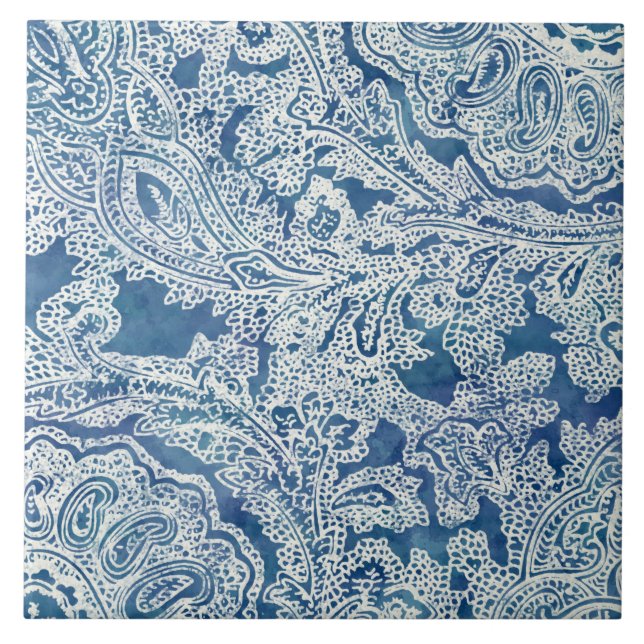 Blue Boho Lace Paisley Pattern Fliese (Vorderseite)