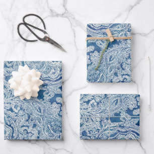 Blue Boho Lace Paisley Pattern Geschenkpapier Set