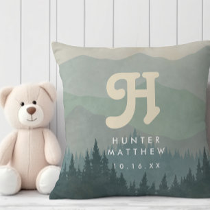 Blue Boho Monogram Mountain & Forest Retro Kinderz Kissen