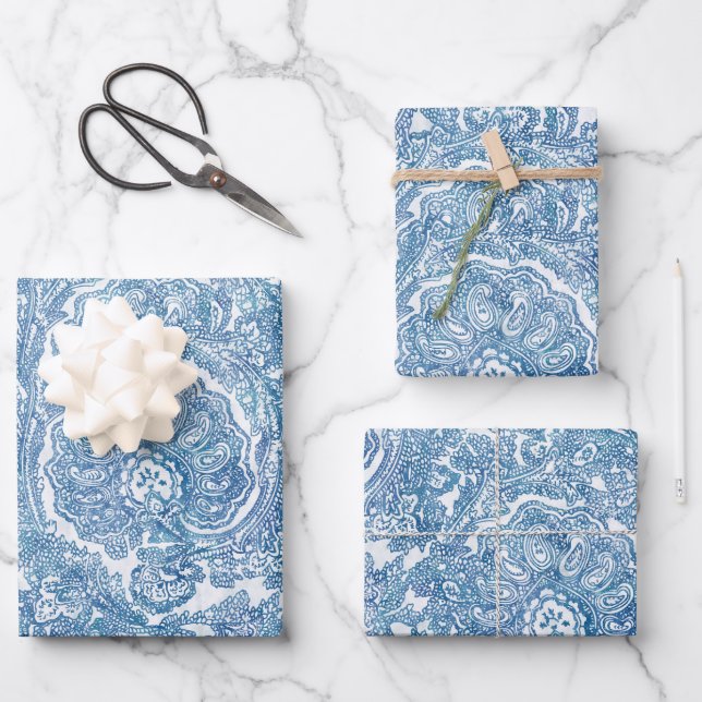 Blue Boho Paisley Pattern Geschenkpapier Set (Vorderseite)
