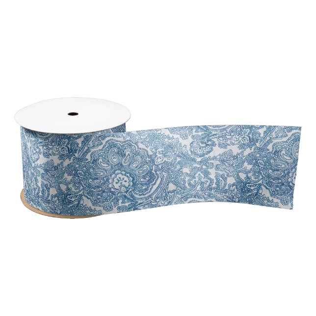 Blue Boho Paisley Pattern Satinband (Spule)
