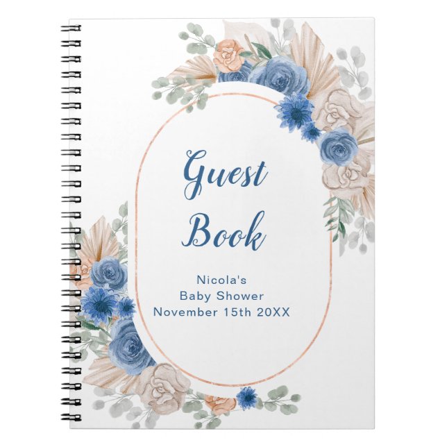 Blue Boho Pampas Grass Baby Shower Guest Book Notizblock (Vorderseite)