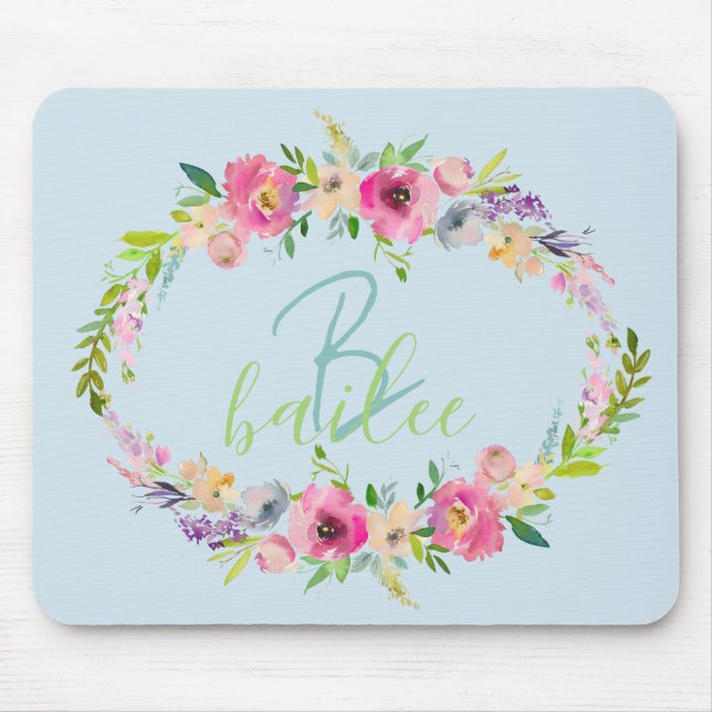 Blue Boho Pastell Floral Name Script Monogram Mousepad (Vorne)