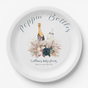 Blue Boho Poppin Champagner Flaschen Babydusche Pappteller