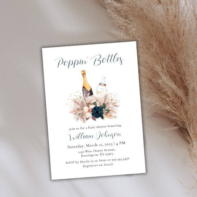 Blue Boho Poppin Flaschen Champagne Baby Dusche Einladung (Blue Boho Poppin Bottles Champagne Baby Shower Invitation)