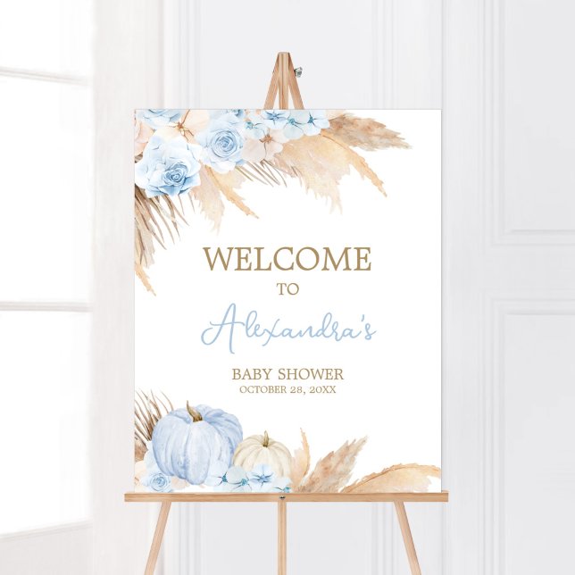 Blue Boho Pumpkin Baby Dusche Willkommen Poster (Boy Little Pumpkin Baby Shower Welcome Sign)