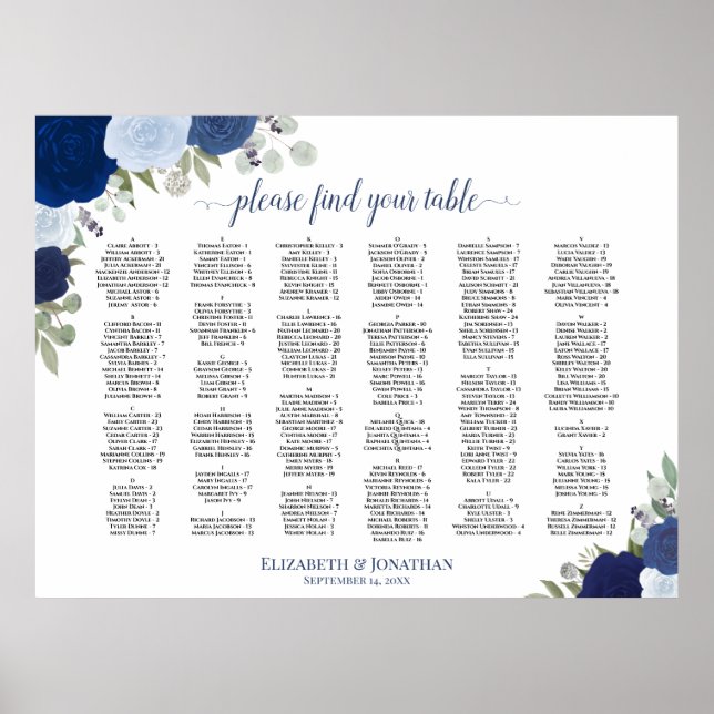 Blue Boho Rose Alphabetische Hochzeitssattelkarte Poster (Vorne)