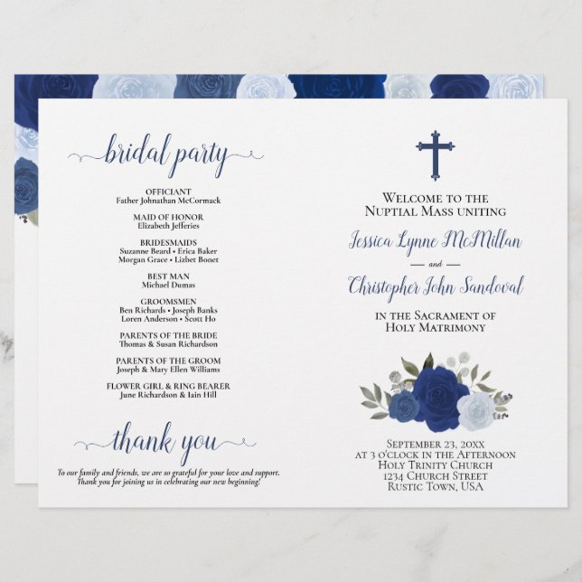 Blue Boho Rose DIY Fold Katholic Wedding Program (Vorne/Hinten)