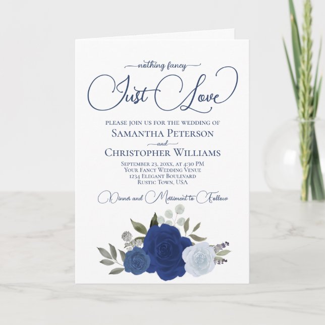 Blue Boho Rose Foto & Details Nur Liebe Hochzeit Einladung (Vorderseite)