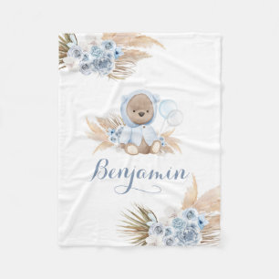 Blue Boho Teddy Bear Boy Baby Dusche Fleecedecke