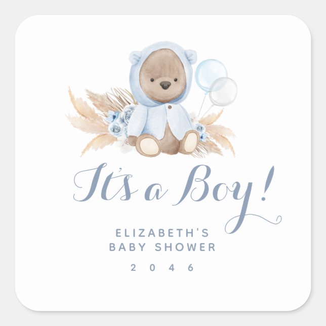 Blue Boho Teddy Bear Boy Baby Dusche Quadratischer Aufkleber (Vorderseite)