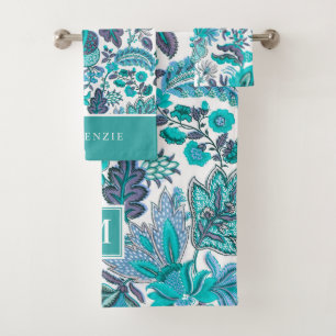 Blue Boho Vintag Floral Monogramm Badhandtuch Set