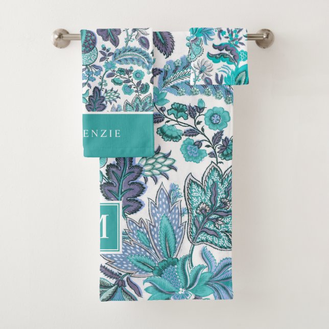 Blue Boho Vintag Floral Monogramm Badhandtuch Set (Insitu)