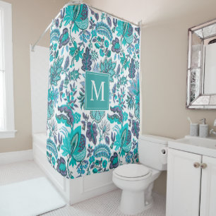 Blue Boho Vintag Floral Monogramm Duschvorhang
