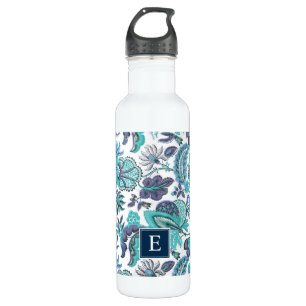 Blue Boho Vintag Floral Monogramm Edelstahlflasche