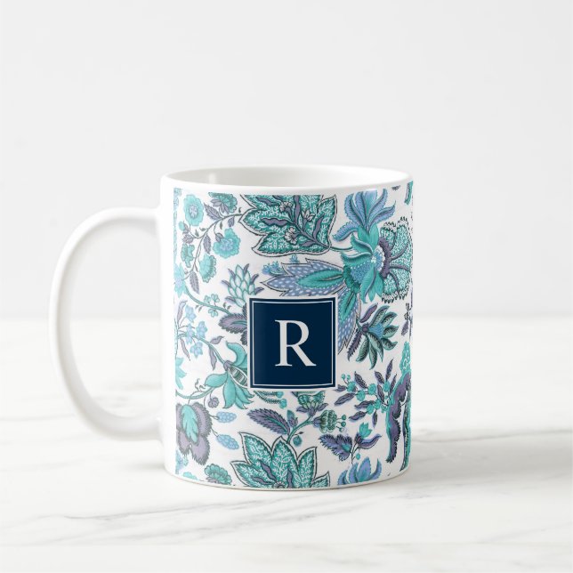 Blue Boho Vintag Floral Monogramm Kaffeetasse (Links)
