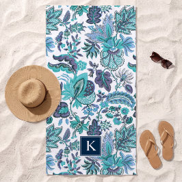 Blue Boho Vintag Floral Monogramm Strandtuch