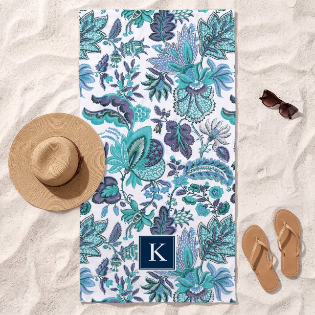Blue Boho Vintag Floral Monogramm Strandtuch (Von Creator hochgeladen)