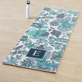 Blue Boho Vintag Floral Monogramm Yogamatte