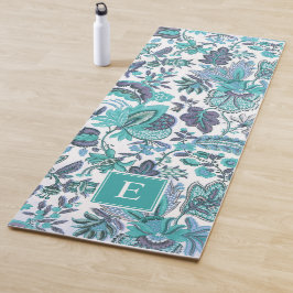 Blue Boho Vintag Floral Monogramm Yogamatte