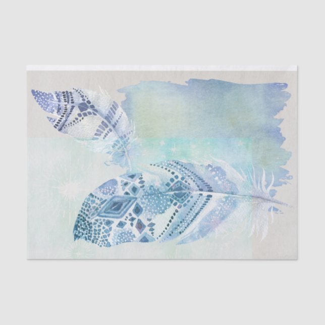 Blue Boho Wasserfarben Federn Gewebepapier Seidenpapier (Vorderseite)