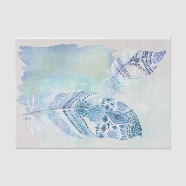 Blue Boho Wasserfarben Federn Gewebepapier Seidenpapier (Vorderseite)