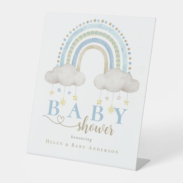 Blue Boho Watercolor Rainbow Boy Baby Dusche Sockelschild (Vorderseite)