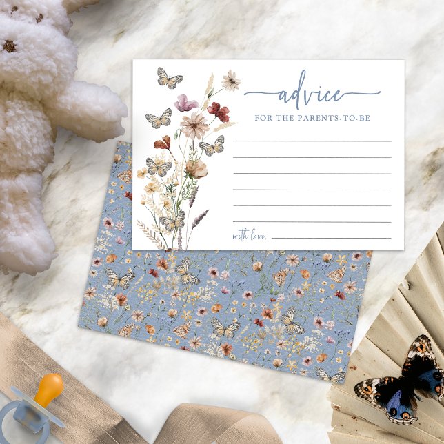 Blue Boho Wildblume Advisor Card Einladung (Dusty Blue Boho Wildflower Advice Card with Butterflies by Painted Paperie)