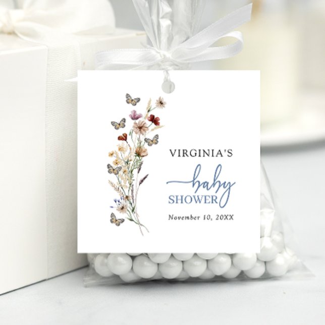 Blue Boho Wildblume Baby Dusche Geschenkanhänger (Dusrty Blue Boho Wildflower Baby Shower Favor Tags with Butterflies by Painted Paperie
)