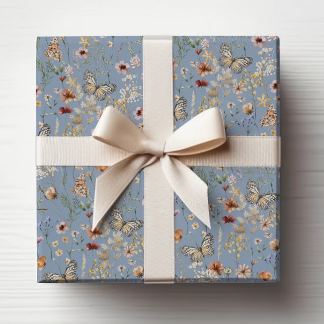 Blue Boho Wildblume Geschenkpapier (Blue Boho Wildflower Wrapping Paper with Butterflies by Painted Paperie
)