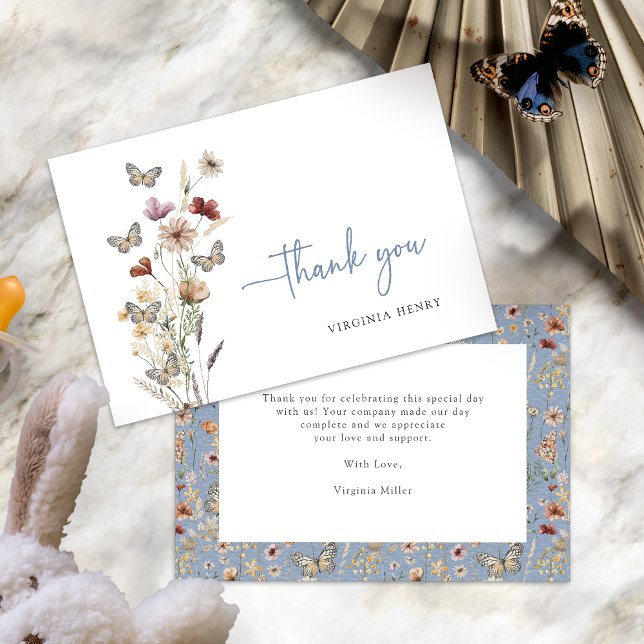 Blue Boho Wildblume Vielen Dank Karten (Dusty Blue Boho Wildflower Thank You Cards with Butterflies by Painted Paperie
)