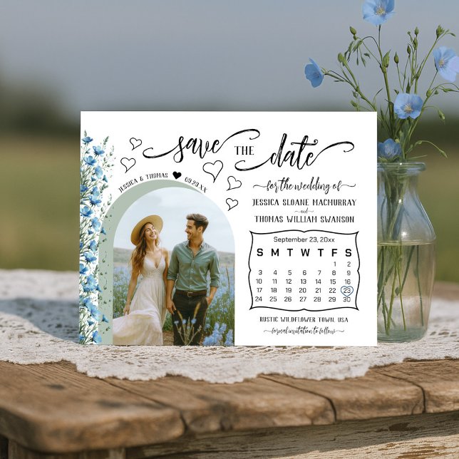 Blue Boho Wildblumen Foto & Kalender Hochzeit Save The Date (Von Creator hochgeladen)