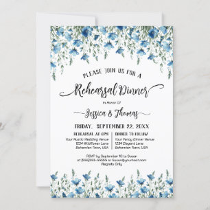 Blue Boho Wildblumen Hochzeit Probe & Abendessen Einladung