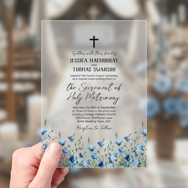 Blue Boho Wildblumen Moderne katholische Hochzeit Acryleinladungen (Frosted Acrylic with Rectangle Cut)