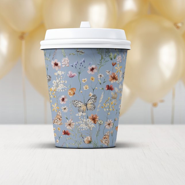 Blue Boho Wildblumen Pappbecher (Dusty Blue Boho Wildflowers Paper Cups by Painted Paperie
)