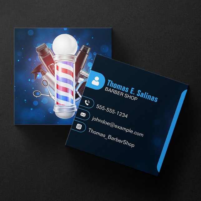 Blue Bokeh Barber Shop Pole Hair Stylist Scheren Quadratische Visitenkarte (Von Creator hochgeladen)